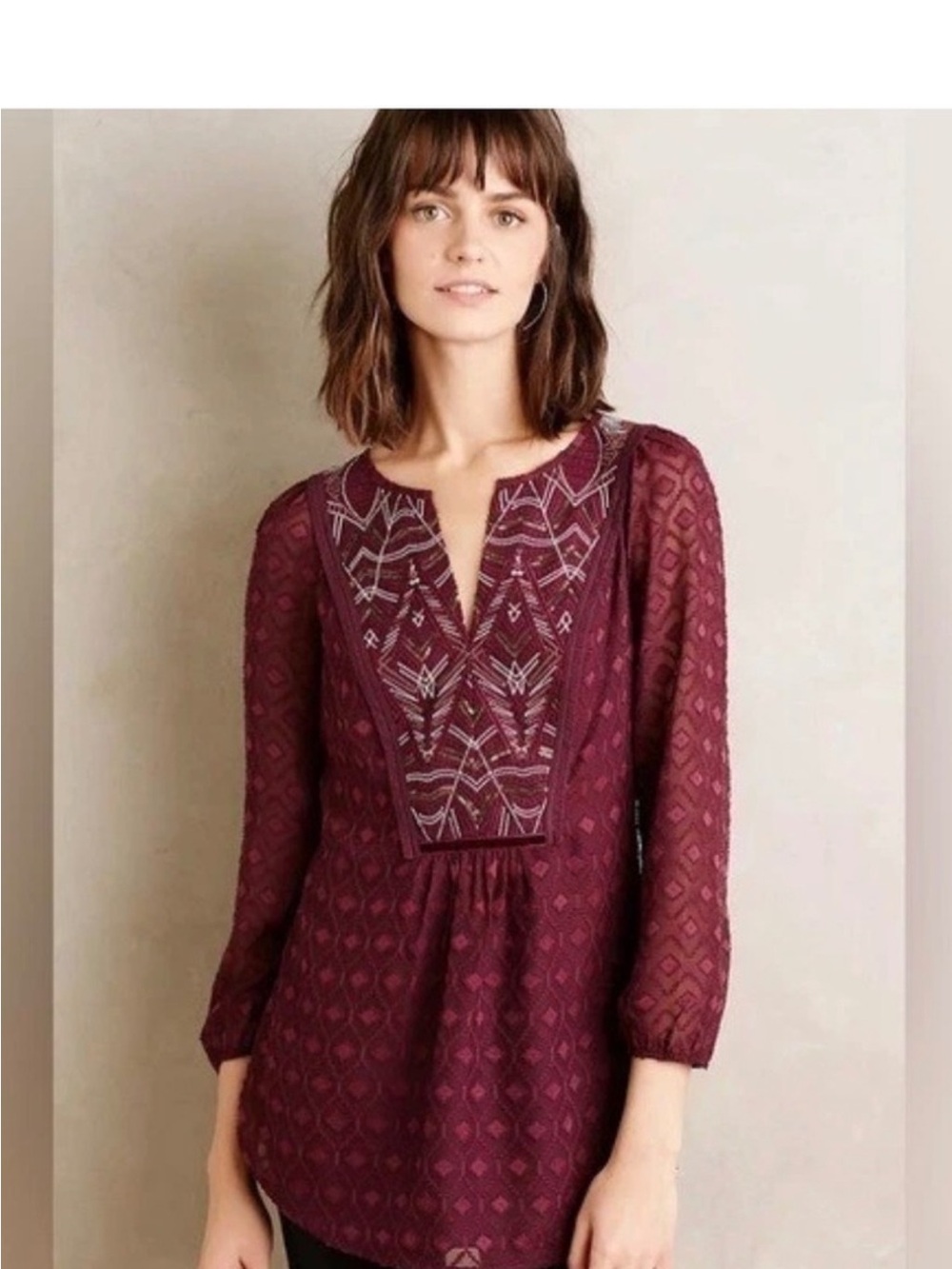 Anthropologie One September Embroidered Tunic Blouse Plum Medium